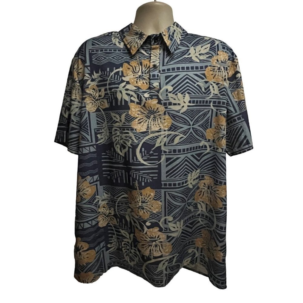 MissLook Mens Blue Hawaiian Aloha Floral Button Up Pullover Shirt 2XL Stretch